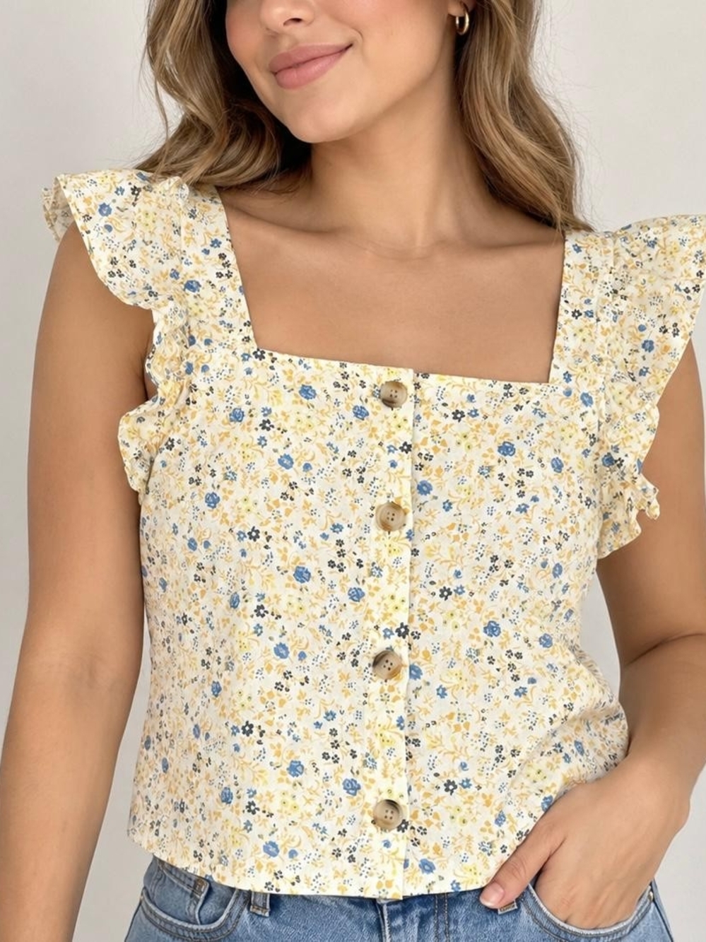 Madewell Women's Floral Print Flutter Sleeve Top Linen Blend Button Back Small
